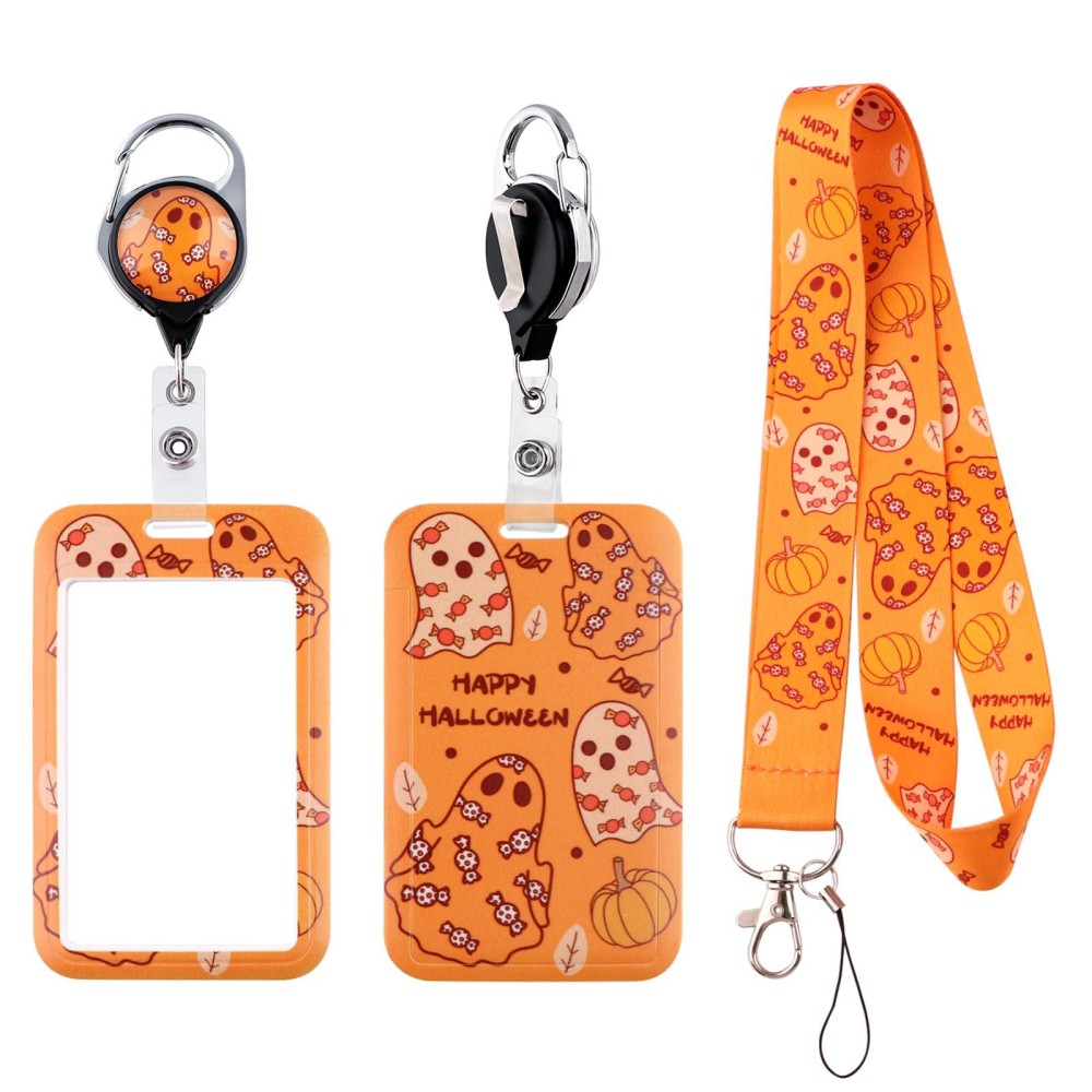 Bkbkaak Cute Halloween Lanyard With Badge Holder And Retractable Reel Clip Orange Funny Lanyards Id Name Card Holder For Keys Gi