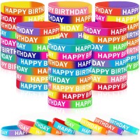 Junebrushs 64Pcs Happy Birthday Rubber Bracelets Bulk Colored Rubber Silicone Wristbands For Students Teachers Classroom Reward