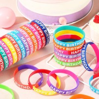 Junebrushs 64Pcs Happy Birthday Rubber Bracelets Bulk Colored Rubber Silicone Wristbands For Students Teachers Classroom Reward