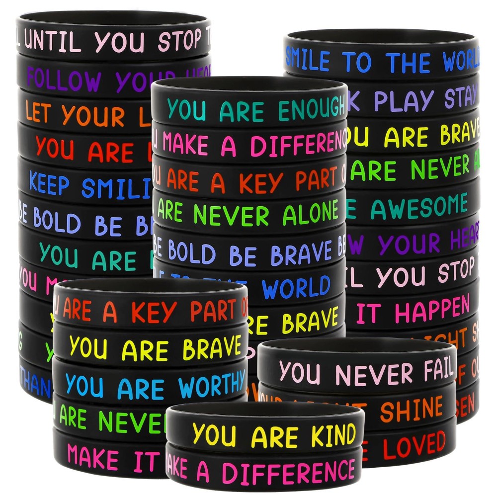 Junebrushs 64Pcs Motivational Silicone Bracelets Bulk Black Colored Inspirational Rubber Wristbands For Student Teacher Back To