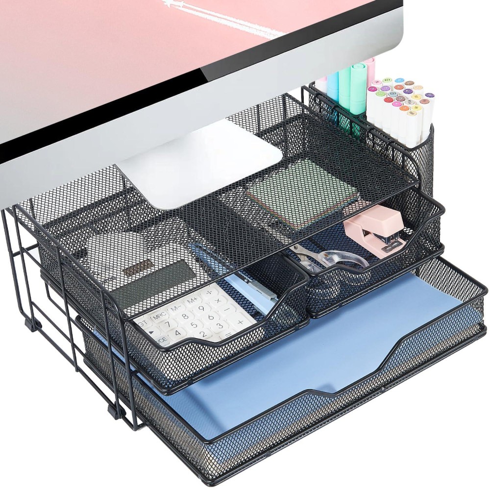 Ecolovi Computer Monitor Stand With 2 Pen Holders And Drawers Desk Drawer Organizer Tray For Workspace Office Supplies Desk Or
