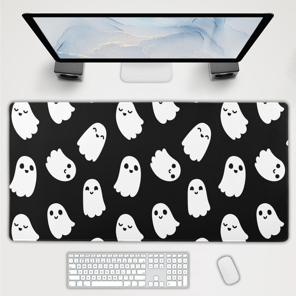 Halloween Cute Ghost Mouse Pad Large Kawaii Cartoon Spooky Funny Spirit Extended Desk Mat Nonslip Rubber Base Stitched Edge Lar