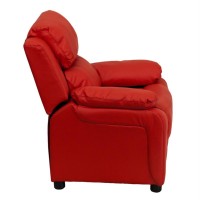 Deluxe Padded Contemporary Red Vinyl Kids Recliner with Storage Arms