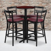 24 Round Mahogany Laminate Table Set with XBase and 4 TwoSlat Ladder Back Metal Barstools Burgundy Vinyl Seat