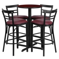 24 Round Mahogany Laminate Table Set with XBase and 4 TwoSlat Ladder Back Metal Barstools Burgundy Vinyl Seat