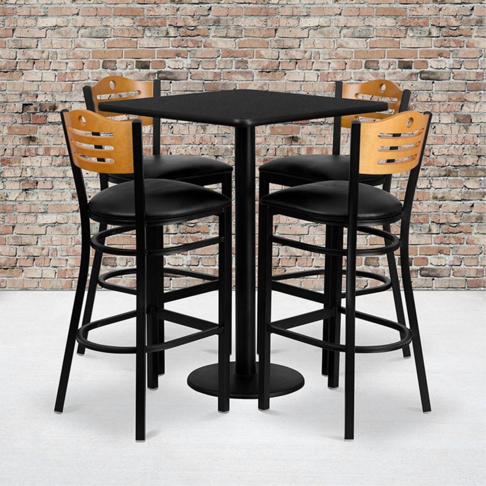 30 Square Black Laminate Table Set with 4 Wood Slat Back Metal Barstools Black Vinyl Seat