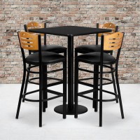 30 Square Black Laminate Table Set with 4 Wood Slat Back Metal Barstools Black Vinyl Seat