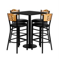 30 Square Black Laminate Table Set with 4 Wood Slat Back Metal Barstools Black Vinyl Seat