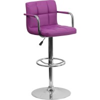 Contemporary Purple Quilted Vinyl Adjustable Height Barstool with Arms and Chrome Base