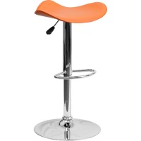 Contemporary Orange Vinyl Adjustable Height Barstool with Wavy Seat and Chrome Base