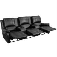 Allure Series 3Seat Reclining Pillow Back Black LeatherSoft Theater Seating Unit with Cup Holders