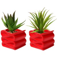 Mygift 4Inch Red Ceramic Indoor Small Plant Pot Mini Modern Decorative Planters With Candy Ribbon Design Set Of 2