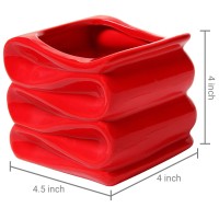 Mygift 4Inch Red Ceramic Indoor Small Plant Pot Mini Modern Decorative Planters With Candy Ribbon Design Set Of 2