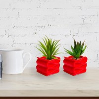 Mygift 4Inch Red Ceramic Indoor Small Plant Pot Mini Modern Decorative Planters With Candy Ribbon Design Set Of 2