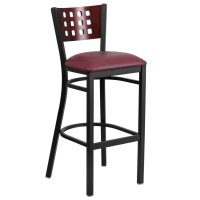 HERCULES Series Black Cutout Back Metal Restaurant Barstool Mahogany Wood Back Burgundy Vinyl Seat