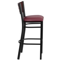 HERCULES Series Black Cutout Back Metal Restaurant Barstool Mahogany Wood Back Burgundy Vinyl Seat