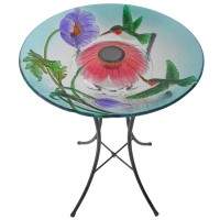 Teamson Home Handpainted Hummingbird Fusion Glass Solar Birdbath Bowl Feeder With Led Light For Outdoor Patio Garden Backyard De