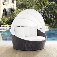 Modway Convene Wicker Rattan Outdoor Patio Retractable Canopy Round Poolside Sofa Daybed In Espresso White