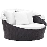 Modway Convene Wicker Rattan Outdoor Patio Retractable Canopy Round Poolside Sofa Daybed In Espresso White