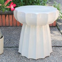 International Caravan Furniture Piece Antique White Round Scalloped Ceramic Garden Stool, White/Off-White