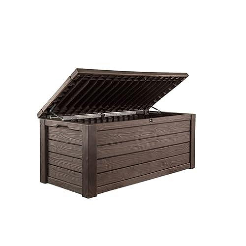 Keter Westwood 570L Storage Box  All-Weather Resin Deck Box And Stylish Outdoor Bench With Piston-Assisted Lockable Lid & Side Handles  Espresso Brown