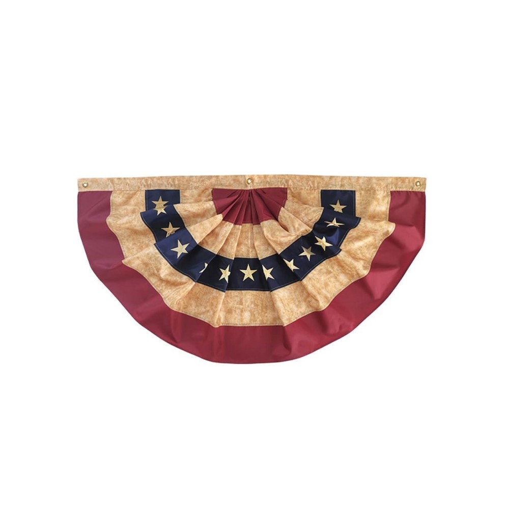 Tea Stained Patriotic Embroidered Bunting Usa 48 X 24 Pleated Banner With Brass Grommets