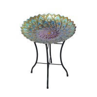 Teamson Home Handpainted Mosaic Flower Fusion Glass Pedestal Bird Bath For Outdoor Patio Garden Backyard Decking D Cor 21 Inch