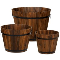 Best Choice Products Set Of 3 Wooden Bucket Barrel Garden Planters Set Rustic Decorative Flower Beds For Plants Herbs Veggies