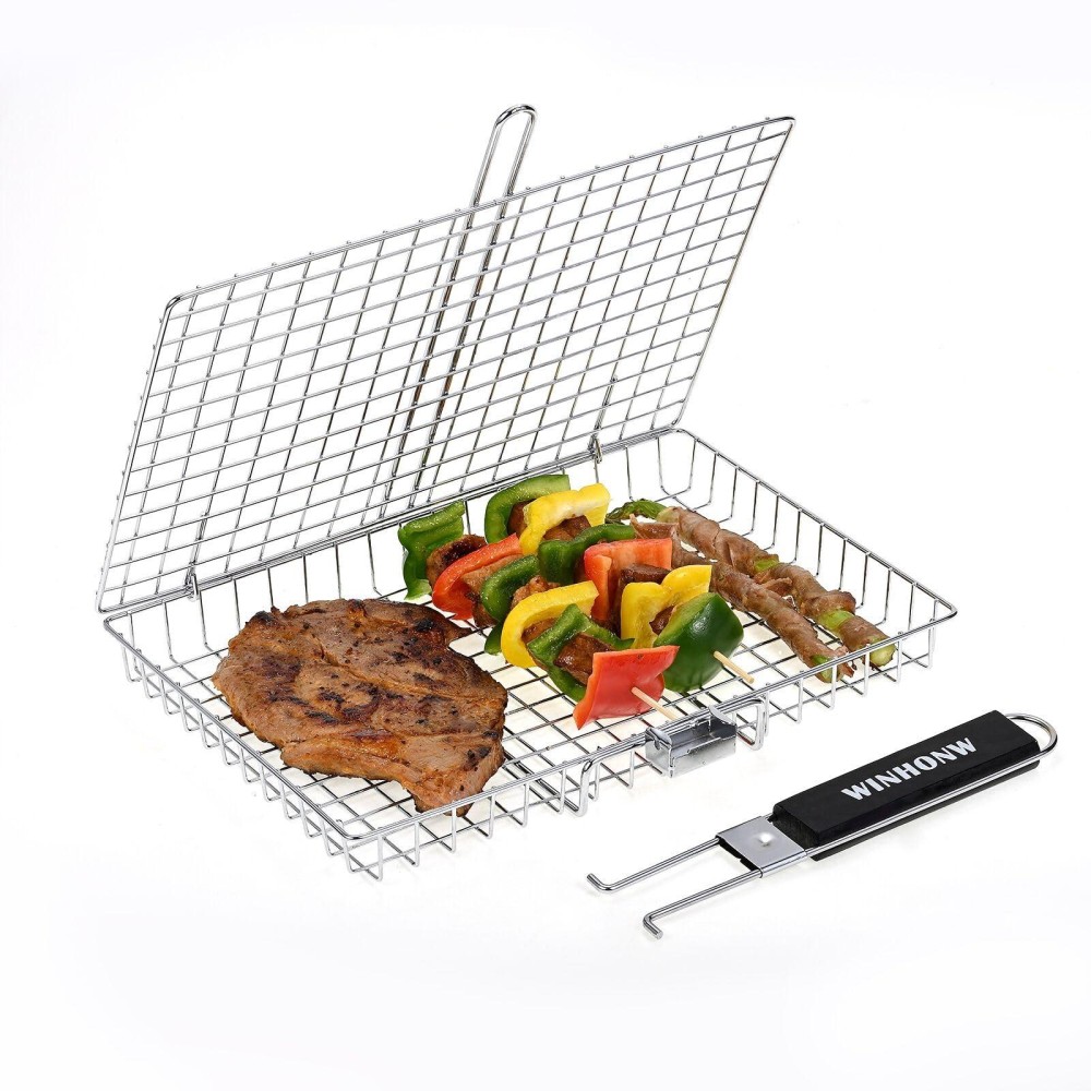 Winhonw Grill Basket Grill Accessories Bbq Grilling Basket Folding Grilling Baskets Portable Outdoor Camping Bbq Rack For Fish S