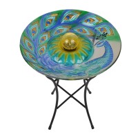 Teamson Home Handpainted Peacock Fusion Glass Solar Birdbath Bowl Feeder With Led Light For Outdoor Patio Garden Backyard Deckin