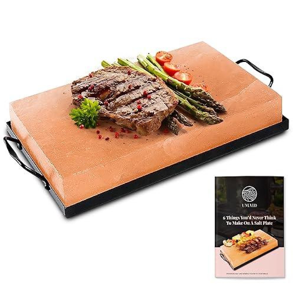 Umaid Himalayan Salt Block Cooking Plate 12X8X1.5 For Cooking  Grilling  Cutting And Serving  Food Grade Rock Salt Stone With Steel Tray & Recipe Pamphlet Unique Gifts For Men  Women  Chefs & Cooks