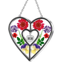 Kybosam Heart Suncatcher Mom Gift Ornament Stained Glass Panles Hangings For Windows Sun Catcher With Pressed Flower Heart In G