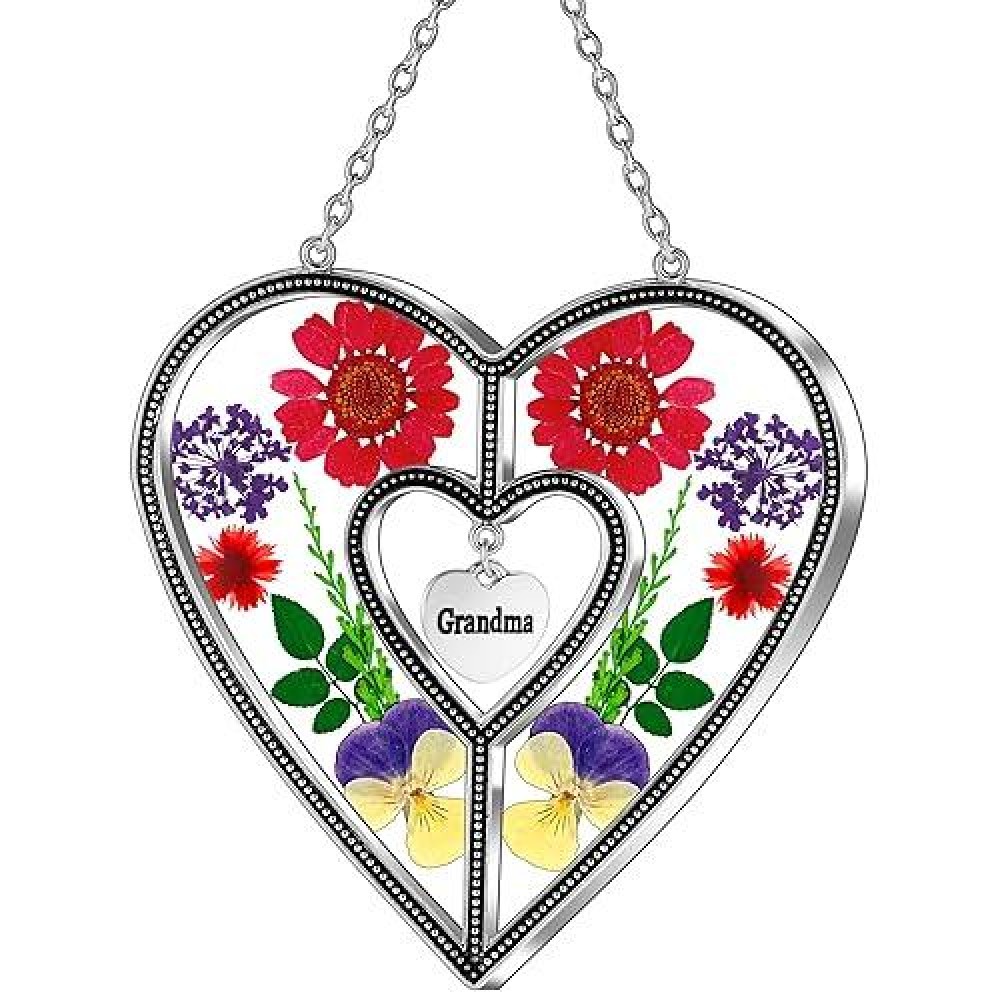 Kybosam Heart Suncatchers Grandma Gift Ornament Stained Glass Sun Catcher Garden Hangings Windows With Pressed Flower Heart Emb