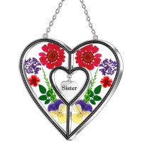 Kybosam Heart Suncatcher Sister Stained Glass Panels Hangings For Windows Sun Catchers With Pressed Real Flower Heart In Glass