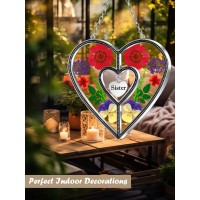 Kybosam Heart Suncatcher Sister Stained Glass Panels Hangings For Windows Sun Catchers With Pressed Real Flower Heart In Glass