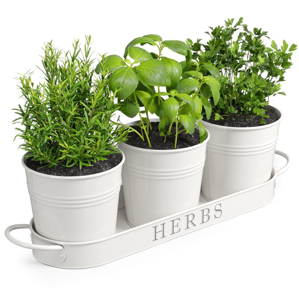 Barnyard Designs Indoor Herb Garden Planter Set With Tray Metal Windowsill Plant Pots With Drainage For Outdoor Or Indoor Plant