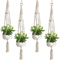 Sorbus Macrame Plant Hanger 4 Pack Indoor Outdoor Hanging Plant Pots Cotton Rope Elegant For Home Patio Garden White