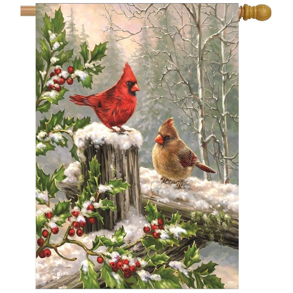 Wamika Spring House Flags 28 X 40 Double Sided Cardinal Red Bird Holly Berry Branches Snow Welcome Winter Holiday Yard Outdoor