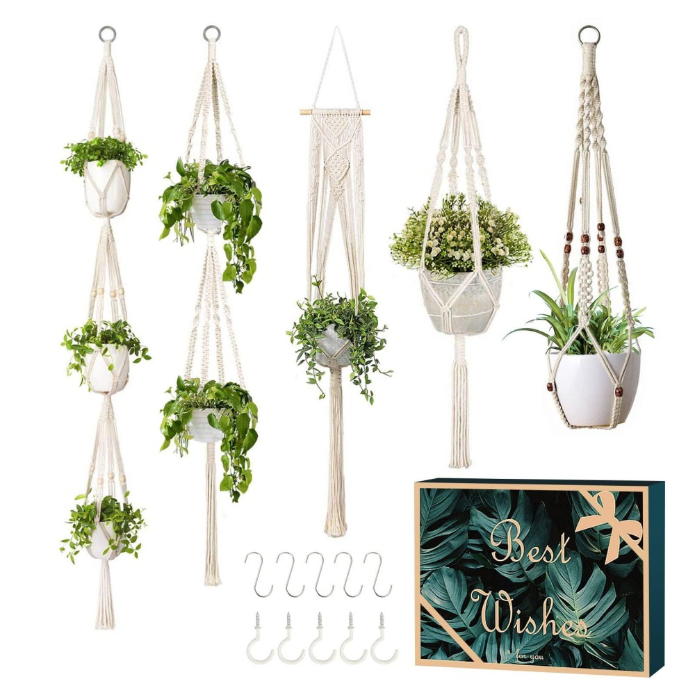 Growneer 5 Packs Macrame Plant Hangers With 5 Hooks Different Tiers Handmade Cotton Rope Hanging Planters Set Flower Pots Hold