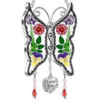 Kybosam Butterfly Suncatcher I Love You Stained Glass Sun Cathers For Windows Ornament Hangings With Real Flower Wings And Hear