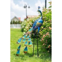 Teresa'S Collections Outdoor Decor Peacock Yard Art Garden Sculptures & Statues Blue Large Metal Bird Lawn Ornaments 35Inch Outside Decor For Porch Patio Pool Backyard Decor Housewarming Gift