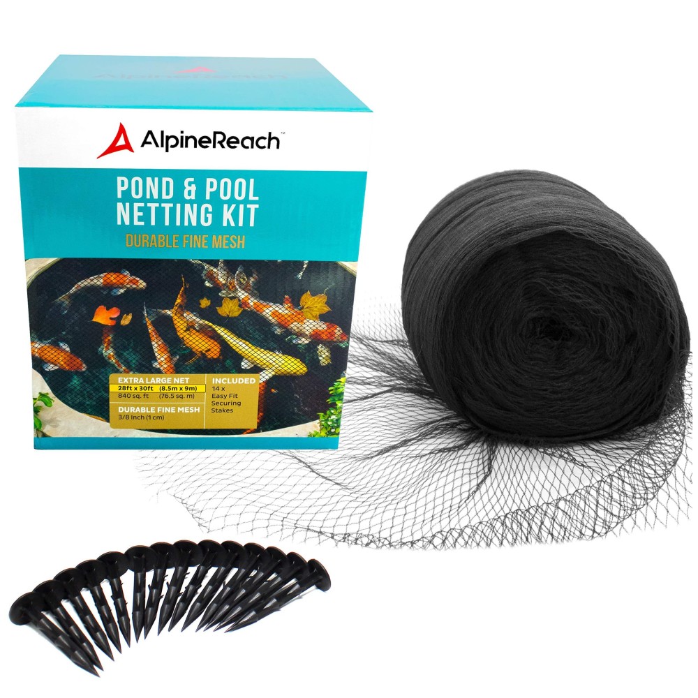 Alpinereach Koi Pond Netting Kit 28 X 30 Ft Black Heavy Duty Woven Fine Mesh Net Cover For Leaves Protects Koi Fish From Blue