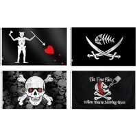 4-Pack Set Pirate Theme Edward Teach Flag & Fish With Swords Flag & Red Eye & Time Flies Flag Large 3X5 Ft  Jolly Roger Skull Cross Bones Flag Halloween Jolly Roger Blackbeard Pirates Flags