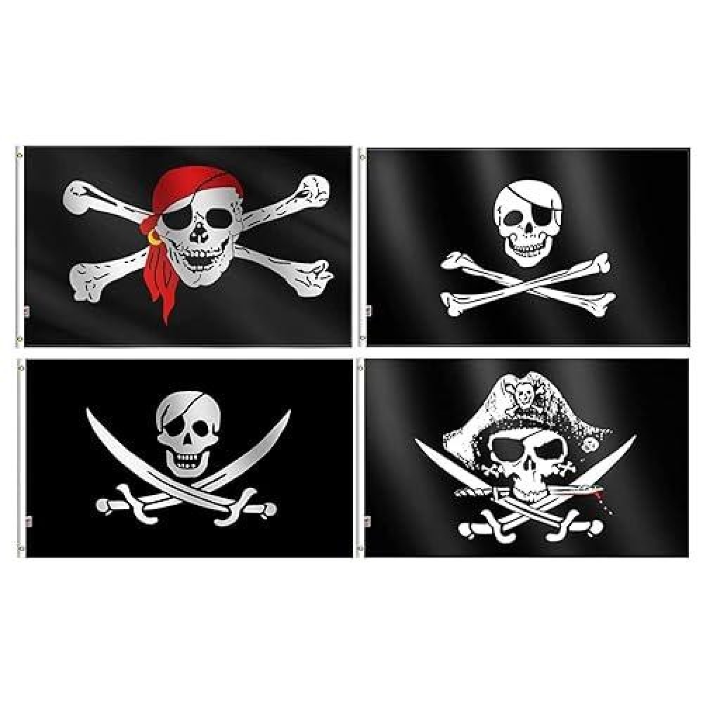 4-Pack Set Pirate Dead Man'S Chest Flag&Jolly Roger Skull Flag&Pirate Broadsword &Jack Rackham Black Beard Pirates Flags