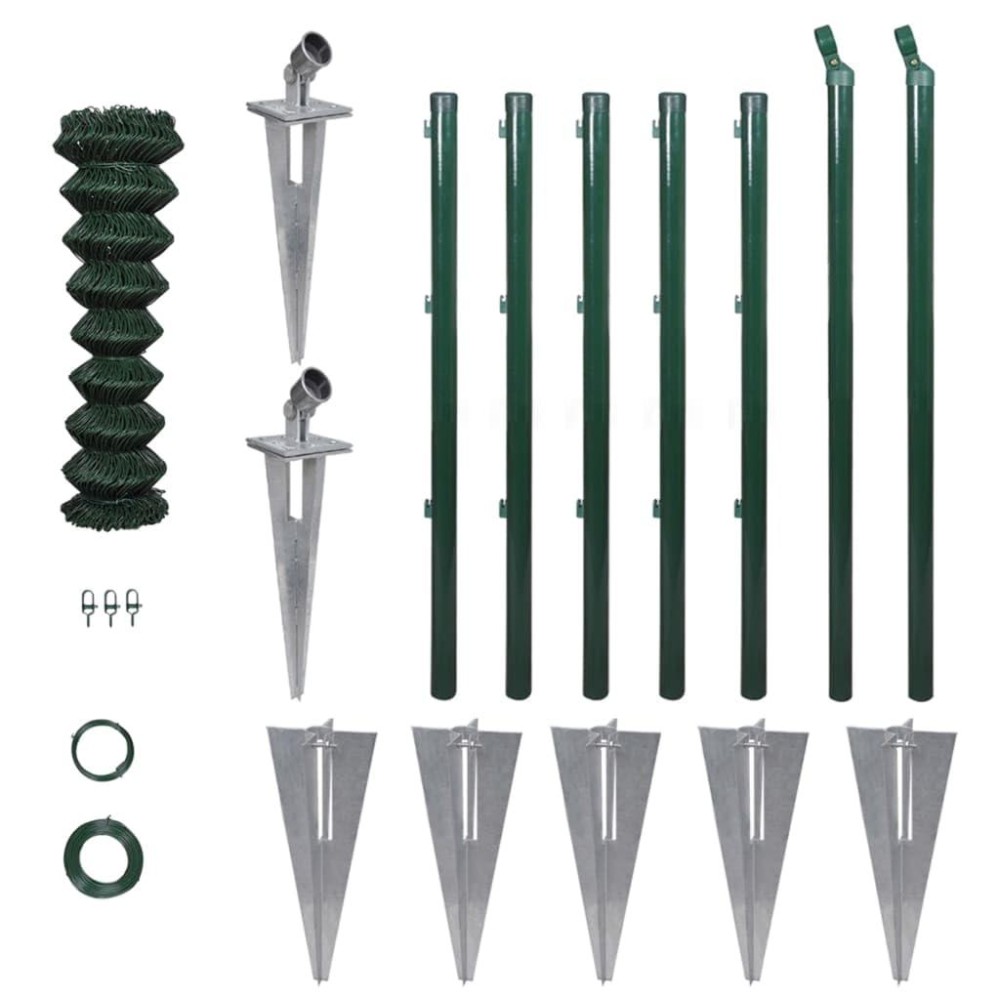 vidaXL Green PVC Coated Steel Wire Chain Link Fence Set with Posts Spike Anchors Easy Installation Versatile Usage