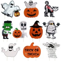 10Pcs Yard Signs For Halloween Props Yard Stakes Pumpkin Ghost Monster Yard Sign Stakes For Halloween Decorations Outdoor Lawn D