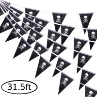 Whaline 315Ft Halloween Jolly Roger Banner Skull Pirate Flags 30Pcs Triangle Flags Bunting For Halloween Party Pirate Party An