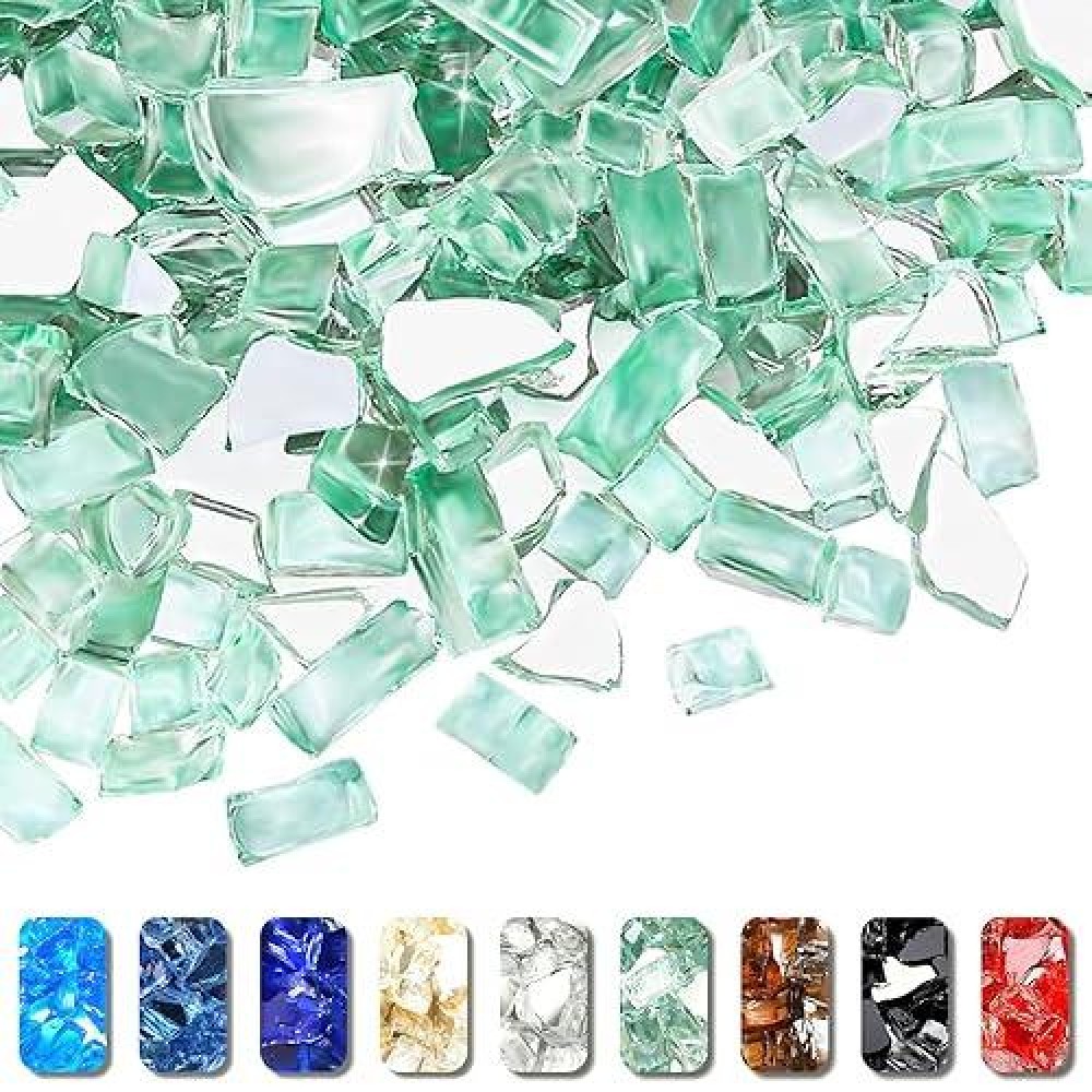 Grisun Green Fire Glass For Fire Pit 10 Pounds 12 Inch High Luster Reflective Tempered Glass Rocks For Natural Or Propane Fir