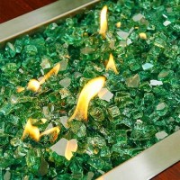 Grisun Green Fire Glass For Fire Pit 10 Pounds 12 Inch High Luster Reflective Tempered Glass Rocks For Natural Or Propane Fir