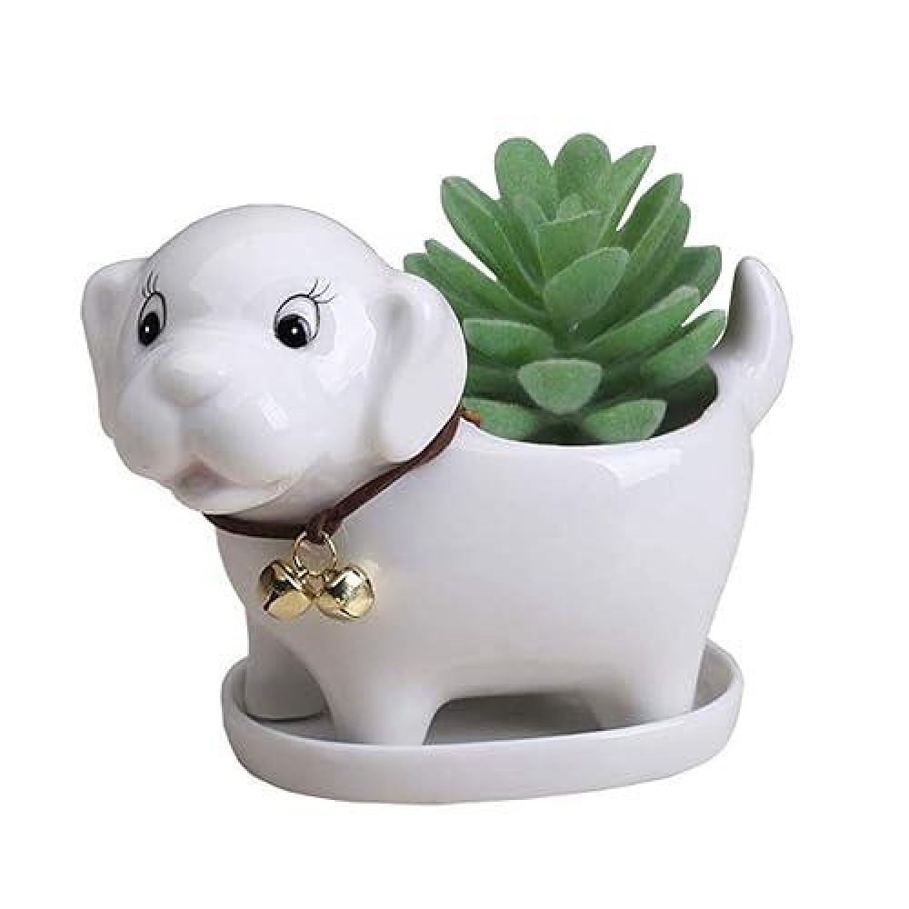 Gemseek Cute Dog Succulent Planter Pot With Drainage Tray Small White Ceramic Flower Cactus Container Animal Shaped Indoor Air